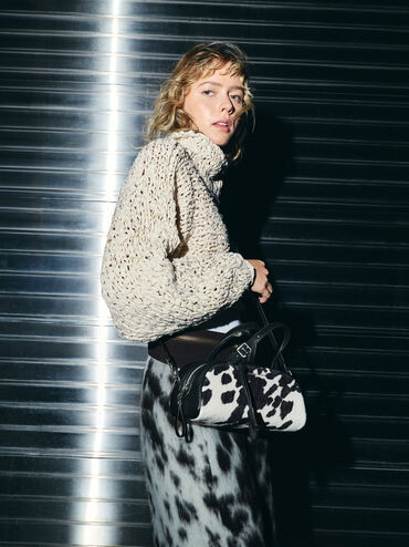 Vega Furry Cow-Print Elongated Bowling Bag, Multi, hi-res