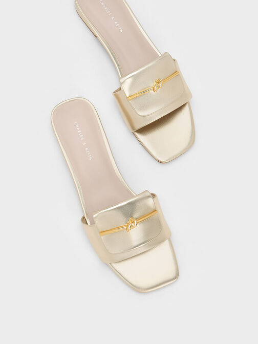 Metallic Knotted Accent Slide Sandals, Gold, hi-res