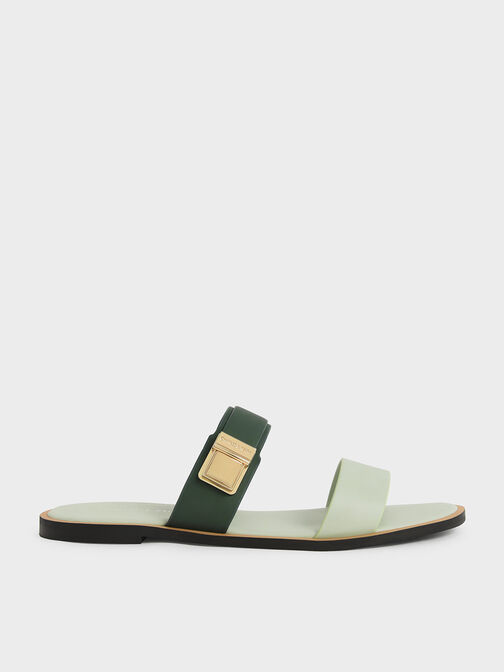 Dove Metallic Buckle Slide Sandals, Green, hi-res