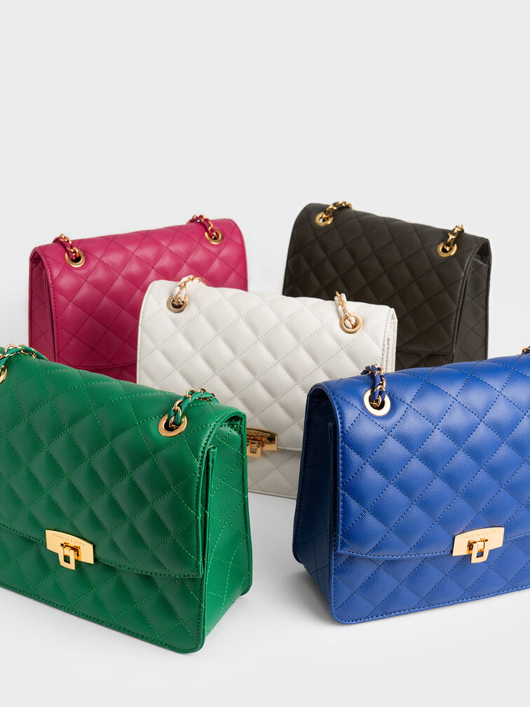 Quilted Chain Strap Clutch, Green, hi-res