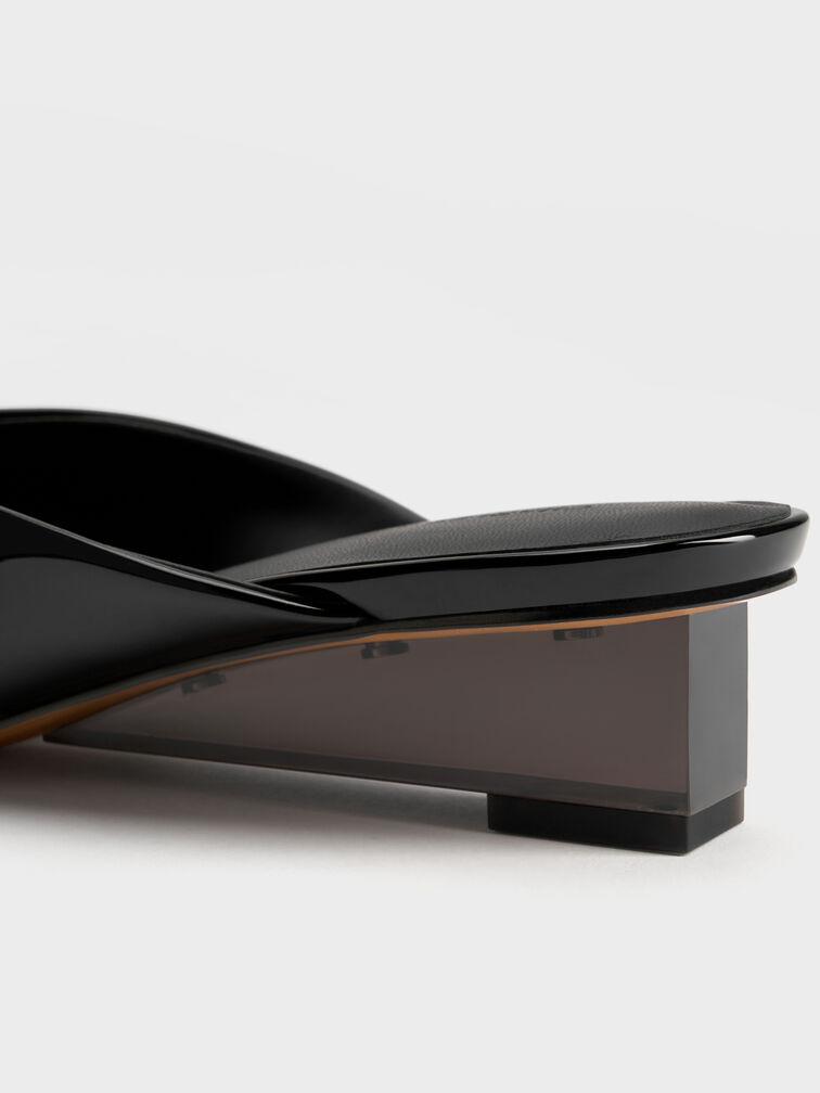 Patent Translucent-Heel Wedge Mules, Black Patent, hi-res