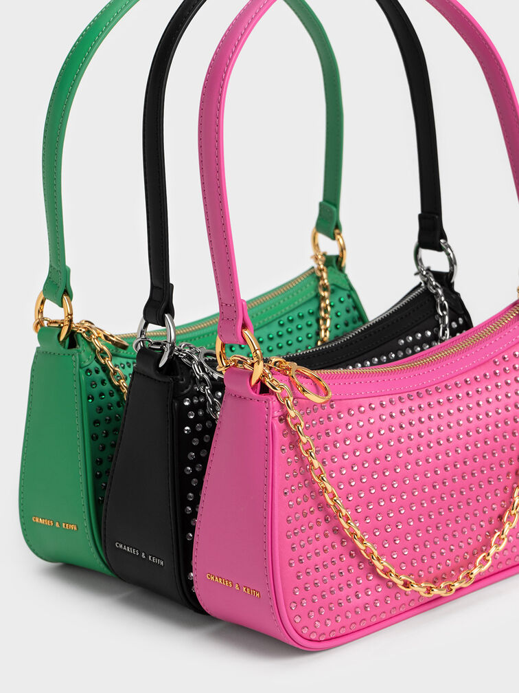 Crystal-Embellished Shoulder Bag, Black, hi-res