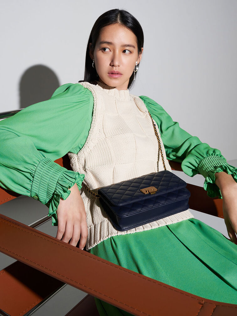 Quilted Push-Lock Clutch, Navy, hi-res