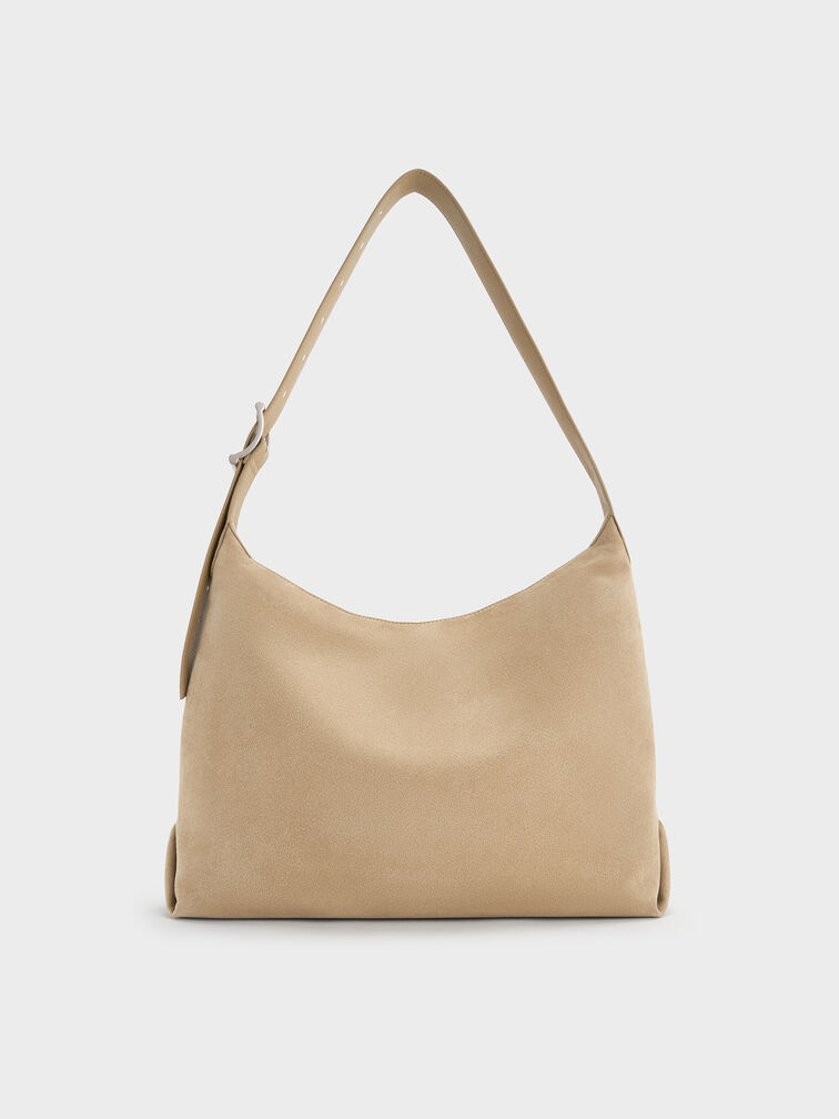 Larsen Recycled Suede Buckle-Strap Hobo Bag, Nutmeg Beige, hi-res