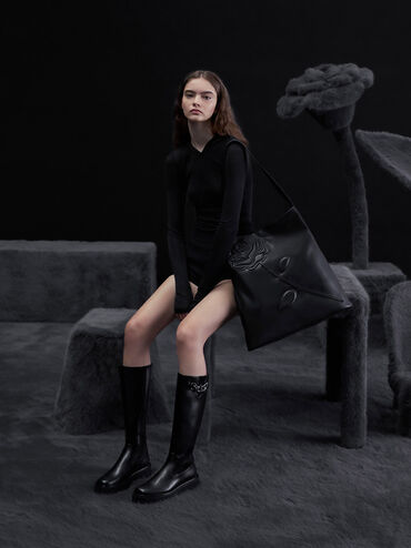 Rose-Motif Trapeze Shoulder Bag, Noir, hi-res