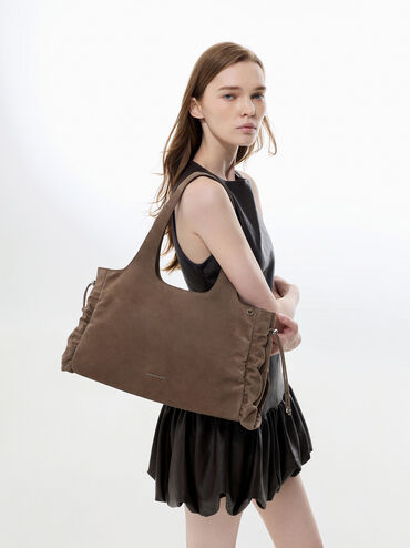 Large Quinby Ruched Tote Bag, Stone Grey, hi-res