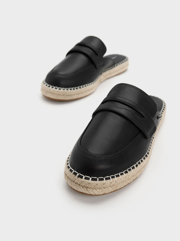 Penny Loafer Backless Espadrilles, Black, hi-res