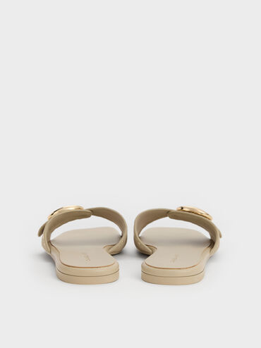 Studded Buckled Slide Sandals, Beige, hi-res