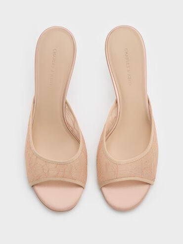 Lace Stiletto Mules, Nude, hi-res