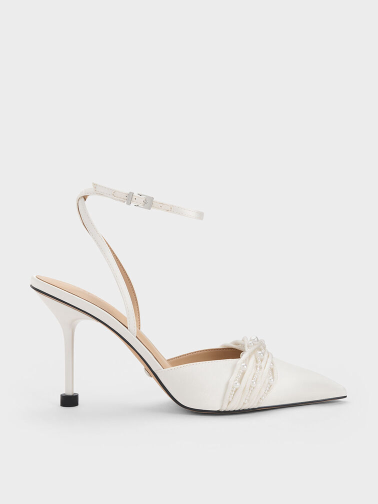 Leda Beaded Satin Ankle-Strap Pumps, White, hi-res