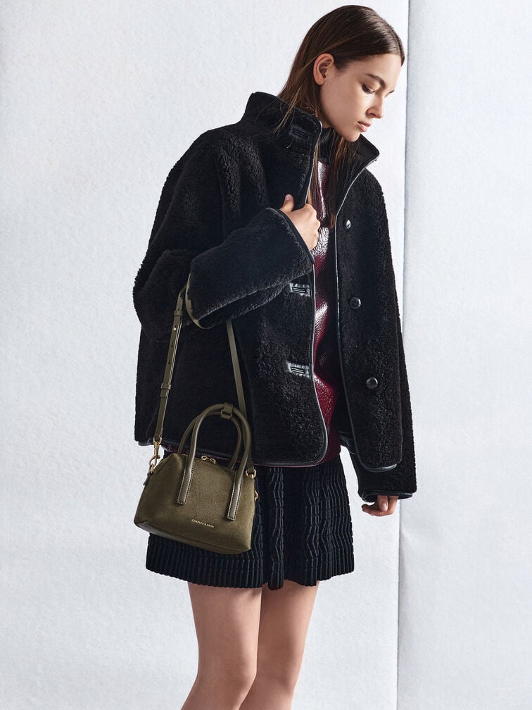 Deyna Recycled Suede Bowling Bag, Deep Olive, hi-res