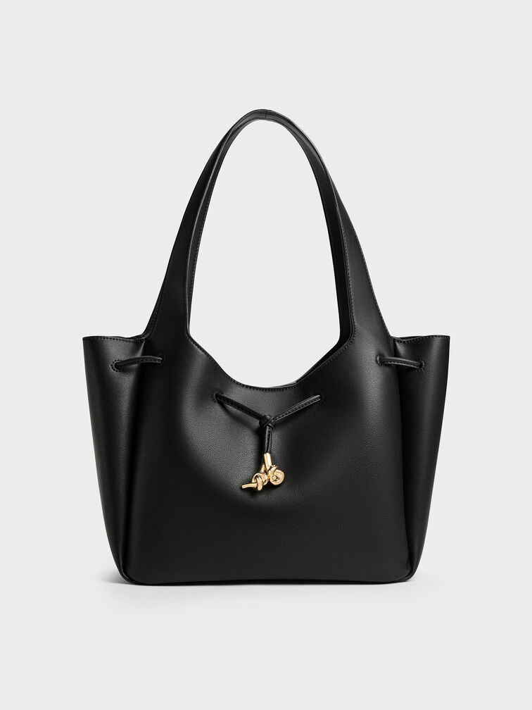 Mila Metallic-Knot Drawstring Tote Bag, Black, hi-res