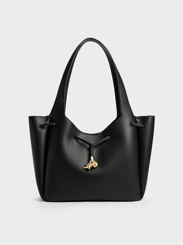 Mila Metallic-Knot Drawstring Tote Bag, Black, hi-res
