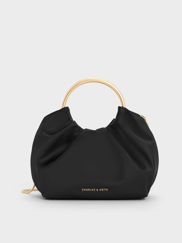 Satin Ruched Ring-Handle Bag, Black, hi-res