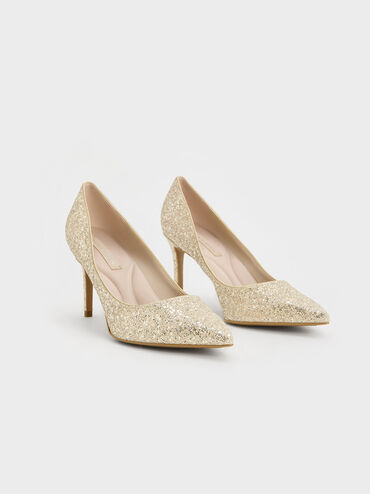 Emmy Glittered Pointed-Toe Pumps, Gold, hi-res