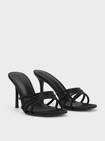 Satin Crystal-Embellished Heeled Mules, Black Textured, hi-res