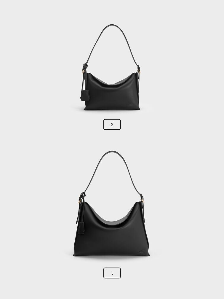 Leather Top-Flap Hobo Bag, Black, hi-res