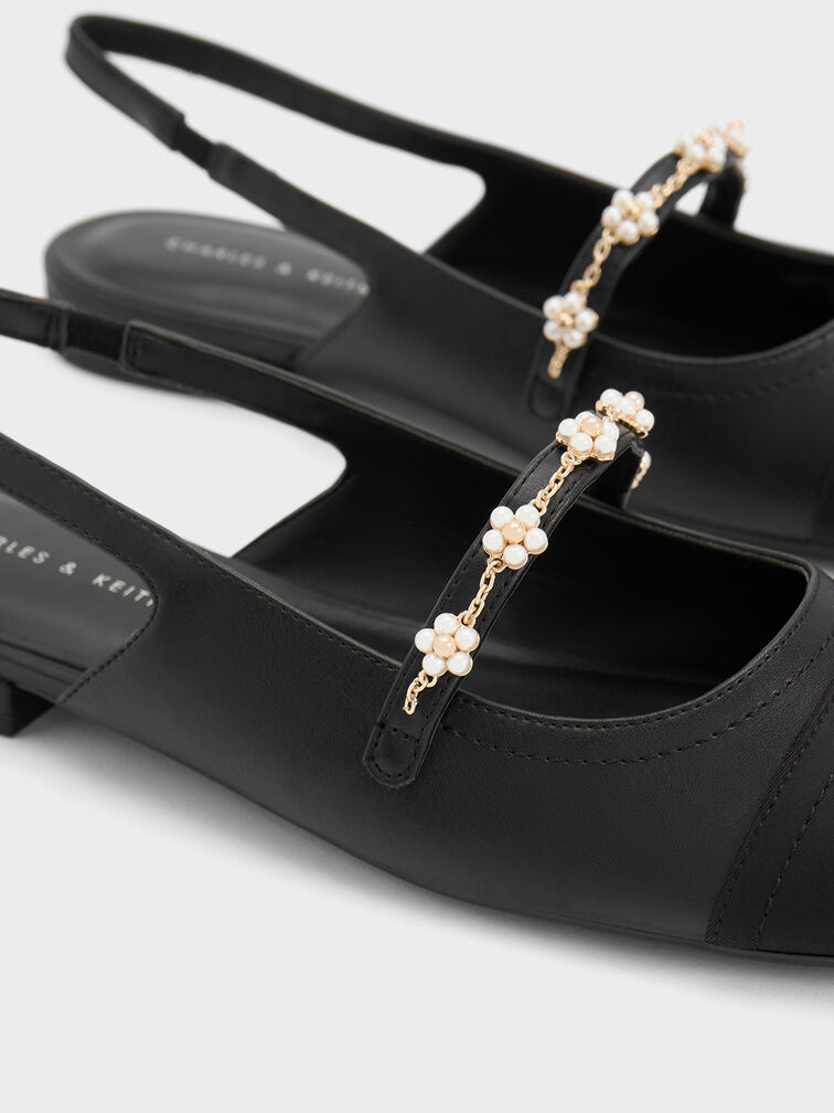 Beaded Flower Slingback Flats, Black, hi-res
