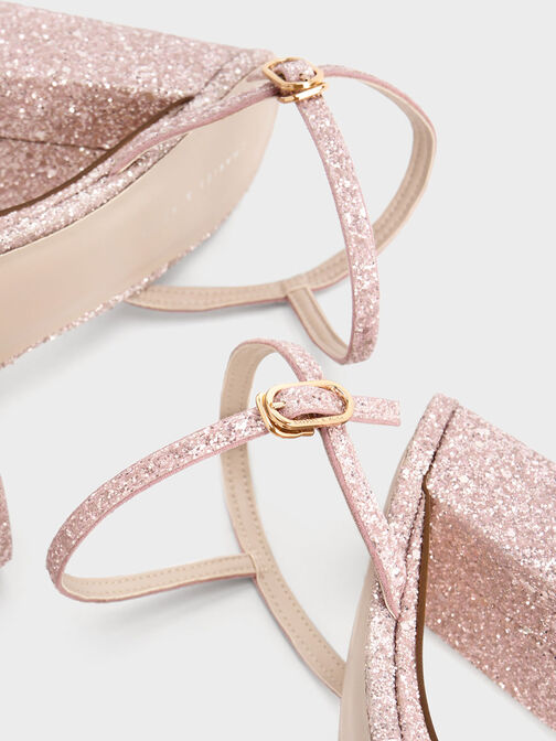 Glittered Ankle-Strap Platform Sandals, Pink, hi-res
