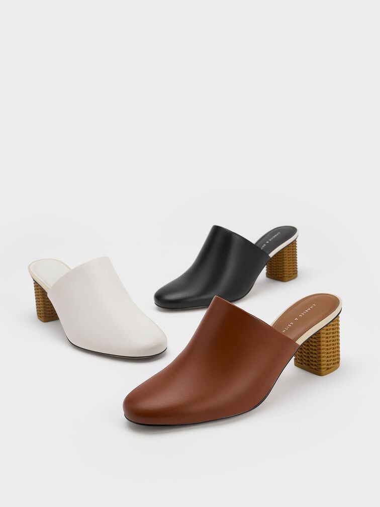 Rattan Block Heel Mules, White, hi-res