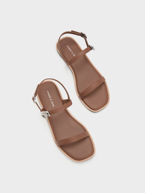 Double Metallic Buckle Sandals, Brown, hi-res