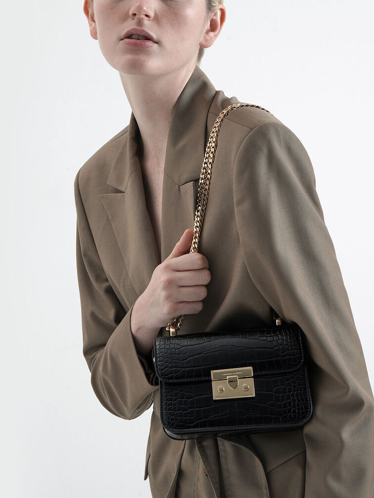 Alva Croc-Effect Chain Strap Crossbody Bag, Black, hi-res