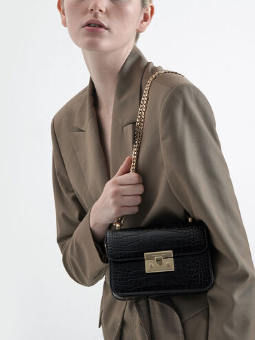 Alva Croc-Effect Chain Strap Crossbody Bag, Black, hi-res