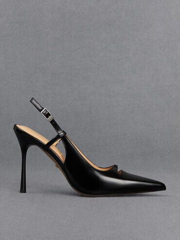 Leather Pointed-Toe Slingback Pumps, Black Box, hi-res