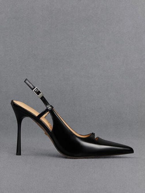 Leather Pointed-Toe Slingback Pumps, Black Box, hi-res