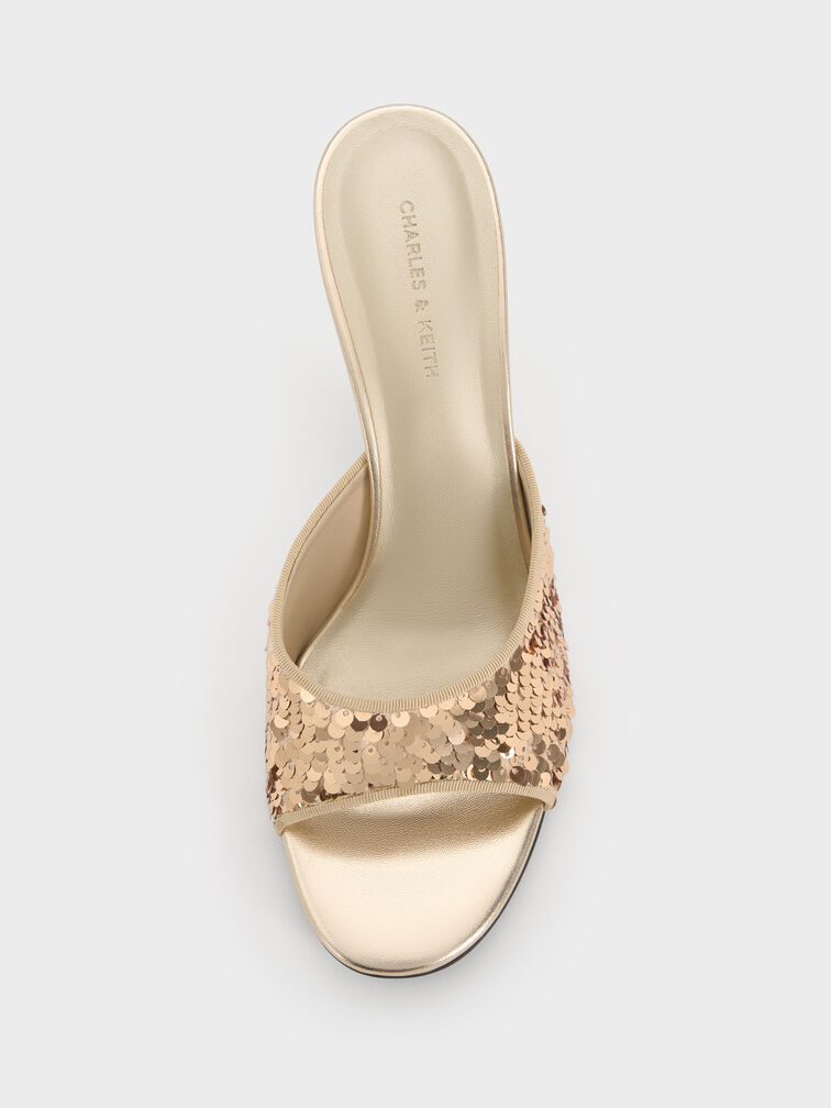 Sequinned Stiletto-Heel Mules, Gold, hi-res