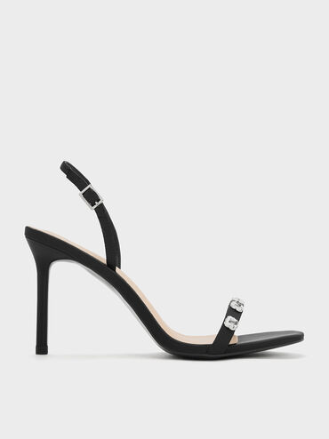 Recycled Polyester Gem-Embellished Heeled Slingback Sandals, Black Textured, hi-res