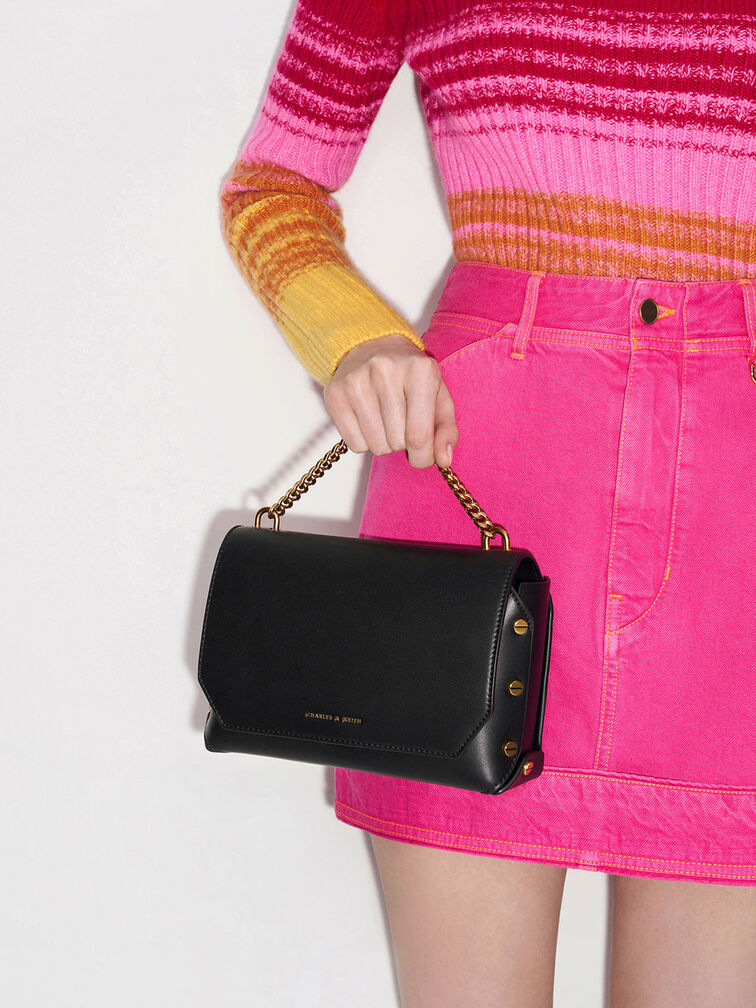 Screw Motif Front Flap Bag, Black, hi-res