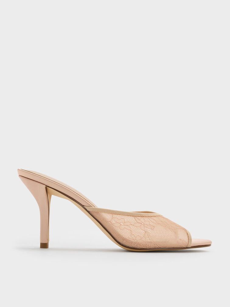 Lace Stiletto Mules, Nude, hi-res