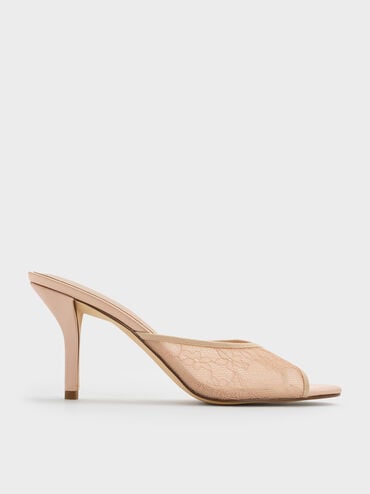 Lace Stiletto Mules, Nude, hi-res