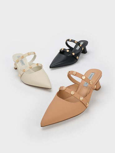 Studded Trapeze Heel Mules, Camel, hi-res
