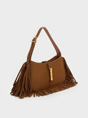 Cesia Recycled Suede Fringed Hobo Bag, Sienna Brown, hi-res