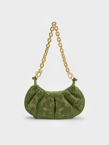 Duo Floral Textured Ruched Shoulder Bag, Pistachio, hi-res