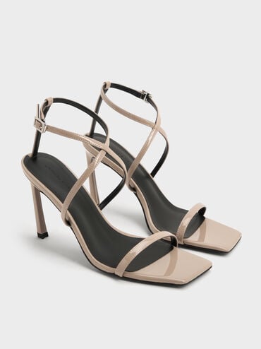 Patent Strappy Ankle-Strap Heeled Sandals, Taupe, hi-res