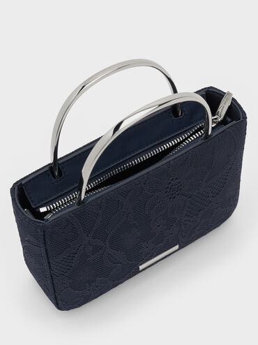 Jennis Lace & Satin Top Handle Bag, Dark Blue Textured, hi-res