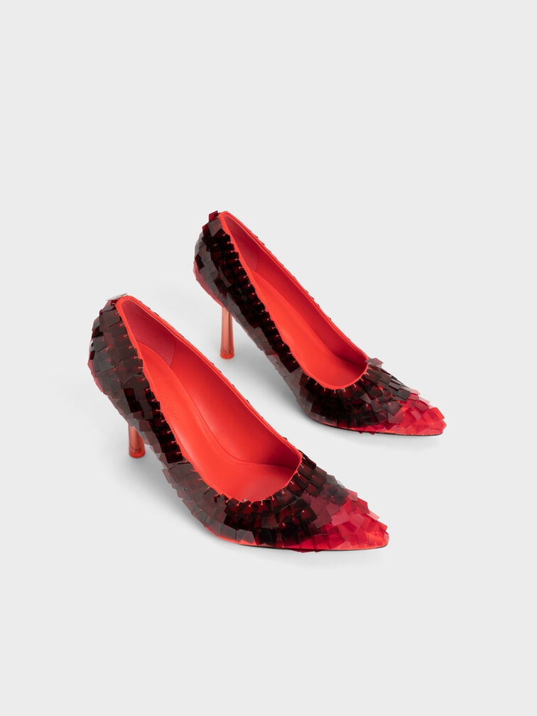 Sequinned Stiletto Heel Pumps, Red, hi-res