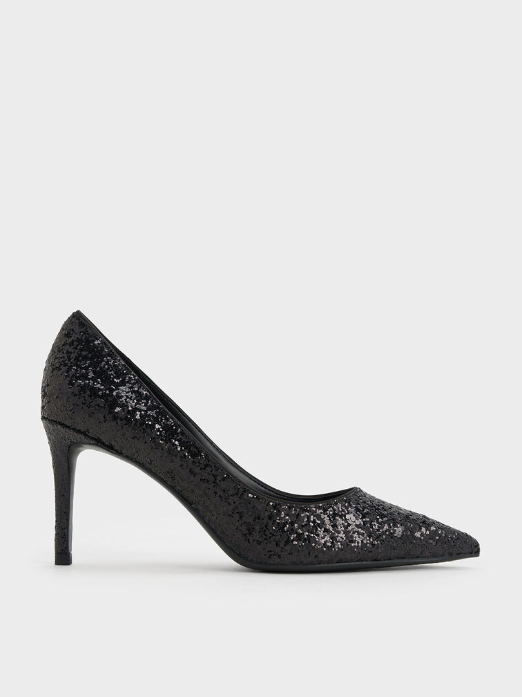 Emmy Glittered Pointed-Toe Pumps, Black Textured, hi-res