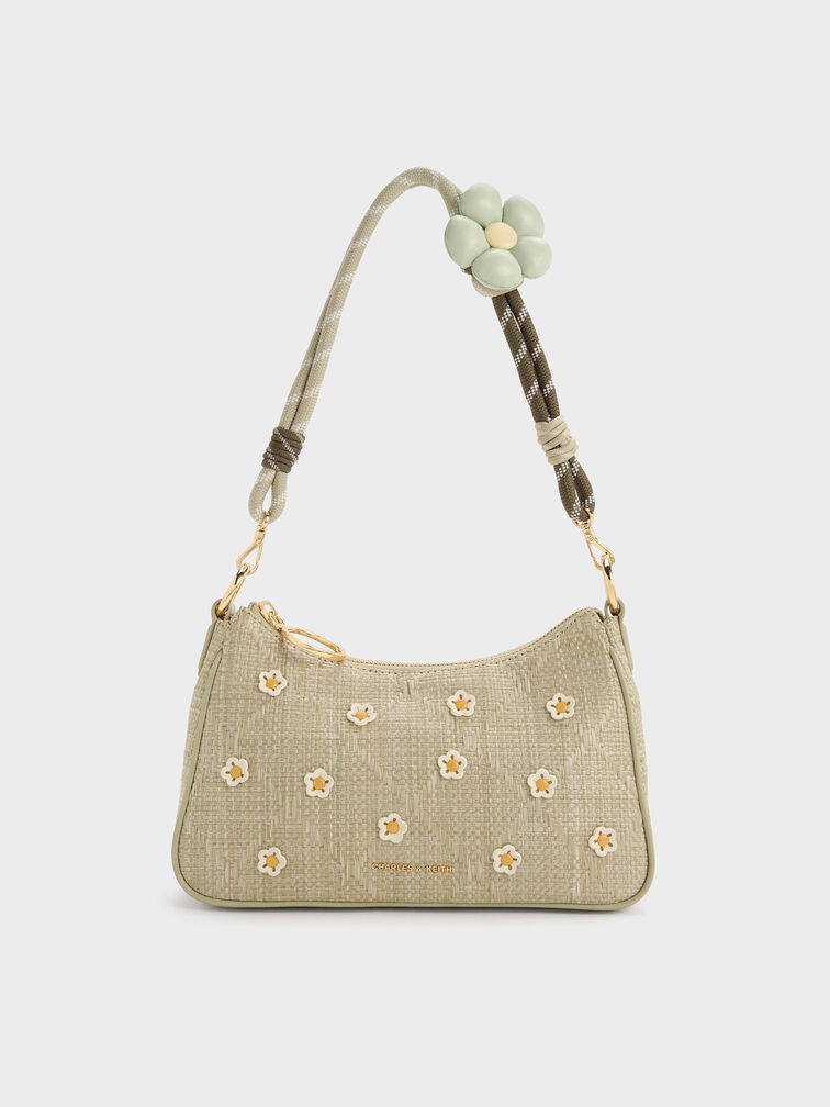 Philomena Raffia Flower Crossbody Bag, Pale Olive, hi-res