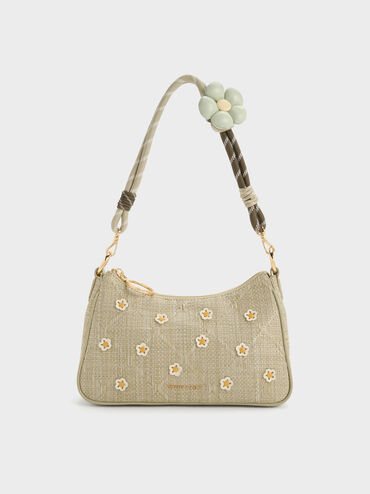 Philomena Raffia Flower Crossbody Bag, Pale Olive, hi-res