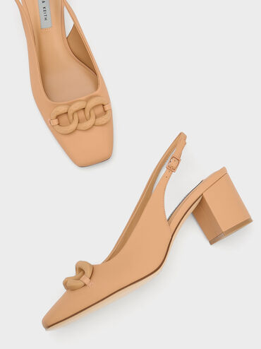 Chunky Chain-Link Slingback Pumps, Camel, hi-res