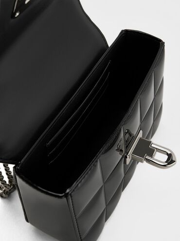 Patent Square-Quilted Chain-Handle Bag, Noir, hi-res