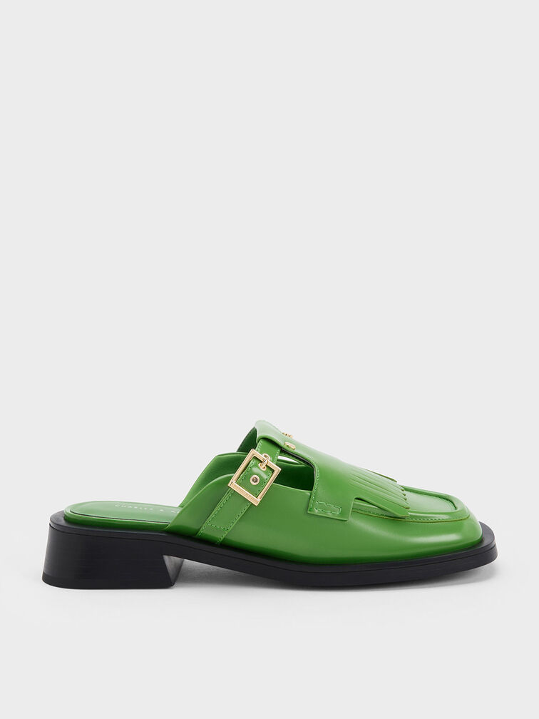 Studded Cut-Out Fringe Mules, Green, hi-res