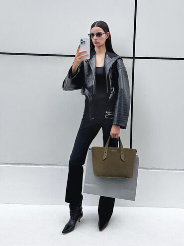 Shania Recycled Suede Tote Bag, Deep Olive, hi-res