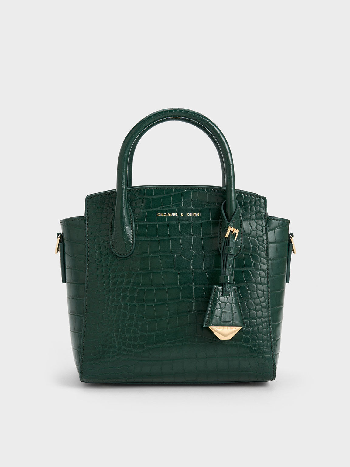 Dark Green Harper Croc Effect Structured Top Handle Bag CHARLES KEITH IN