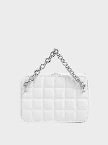 Chunky Chain Strap Quilted Shoulder Bag, White, hi-res