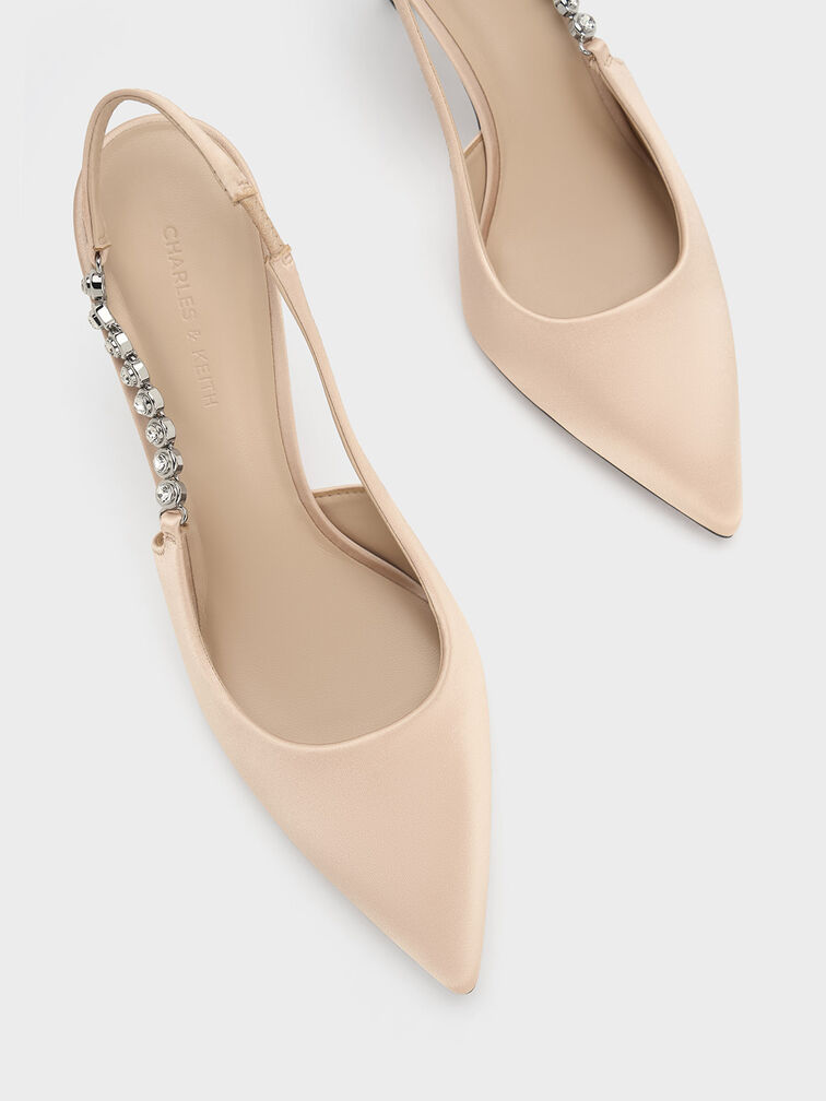 Flores Recycled Polyester Gem-Strap Slingback Pumps, Beige, hi-res